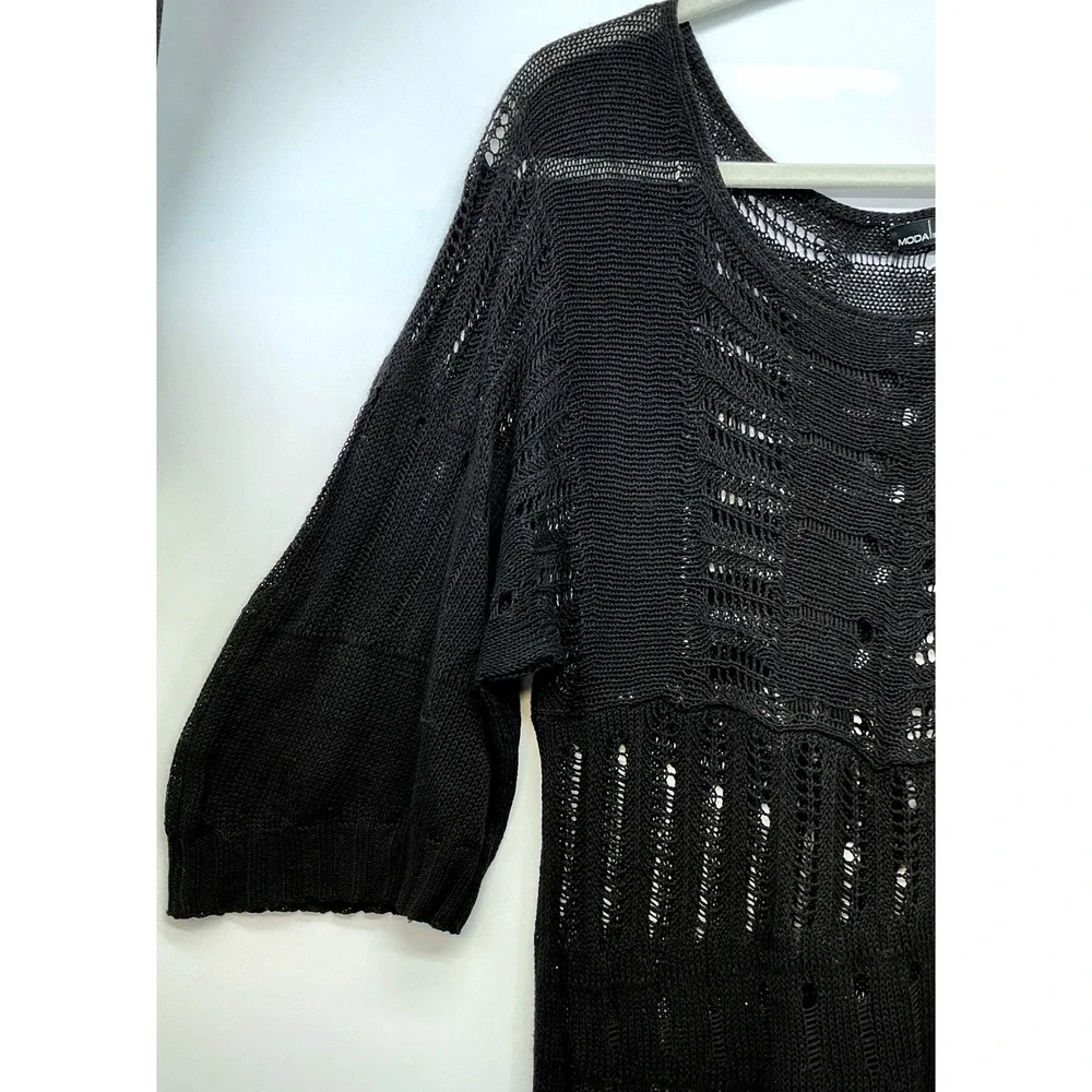 Moda International Black Open Knit‎ Tunic Sweater Sz M Boho Swim Festival Goth